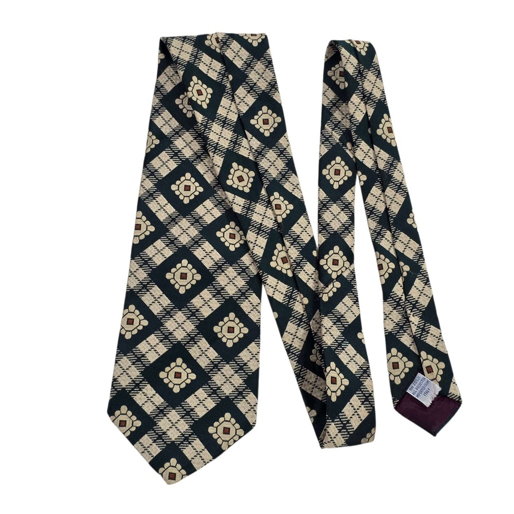 Vintage Cesarearini Mens Plaid Floral Silk Blend Necktie Green Cream Suit